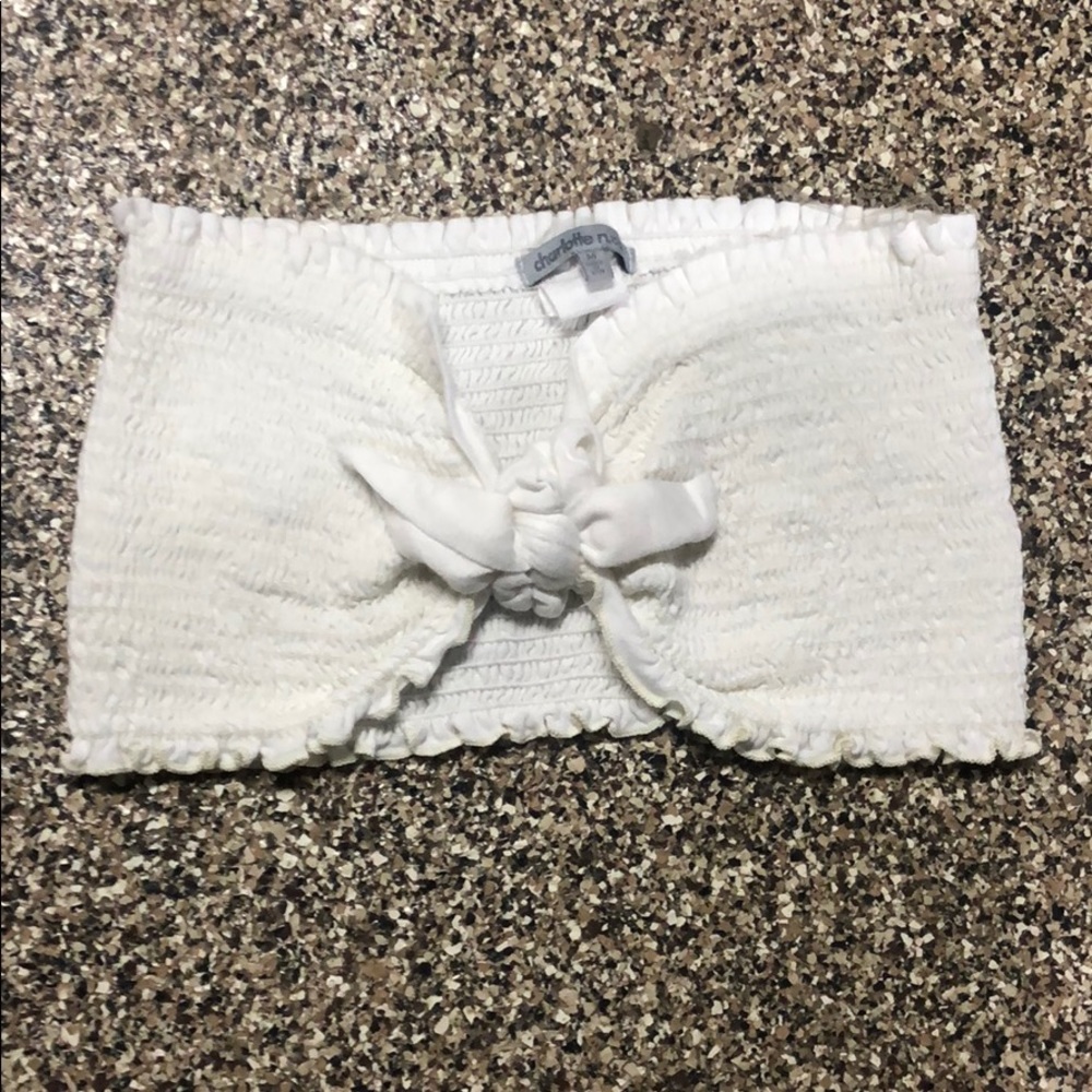 White Tie Front Shirred Bandeau Top.